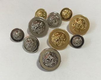 One Package (12 Buttons) Vintage "Lion Face" Textured ABS Plated Shank Buttons K1122 available in 2 colorways and 3 sizes