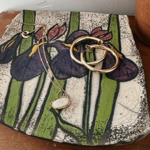 Signed Studio Pottery Iris Wall Plaque, Handmade Ceramic Floral Art Tile, Raku Wall Hanging, 6.5" Decorative Plate