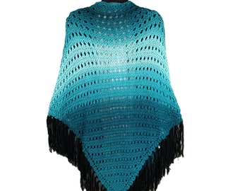 NEW Teal Blue Ombre Multi Hand Knitted Shawl Wrap Handmade Scarf Boho Gift Gifts For Her Layering Fringe Hippie Cape Bohemian Artisan