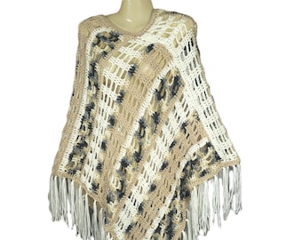 NEW Cream Beige Gray Hand Crochet Handmade Poncho Sweater Women's Fringe Boho Hippie Gift for Her Gifts Layering Cape Bohemian Fashion Top