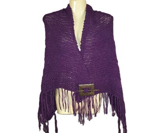 NEW Purple Shawl Hand Knitted Wrap Rectangle Scarf Boho Hippie Fringed Handmade Gift For Her Gifts Knit Bohemian Fringe Artisan Mix Stitch