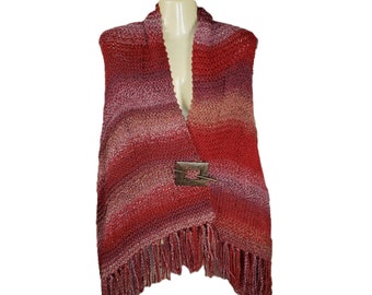 NEW Red Burgundy Handmade Hand Knitted Knit Shawl Scarf Boho Hippie Fringed Soft Gift For Her Gifts Wrap Chunky Bohemian Cape Artisan Fringe