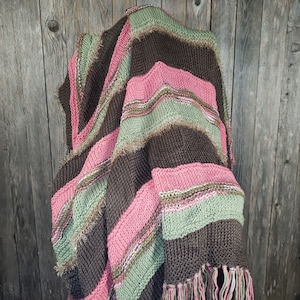 NEW Taupe Green Pink Multi Hand Knitted Afghan Throw Hand Knit Soft Blanket Gift Gifts Handmade Decor Artisan Accent Home Farmhouse