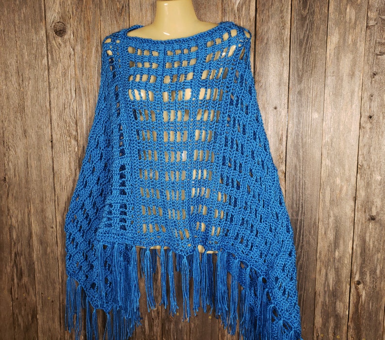 Cobalt Blue Hand Crochet Handmade New Poncho Sweater Womens Fringe Soft Boho Hippie New Gift for Her Gifts Layering Gifts Fashion New