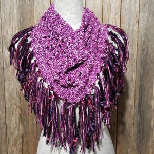 NEW Women&#39;s Hand Knitted Cowl Infinity Scarf Boho Fringe Purple Marled Gift Gifts For Her Handmade Fashion Hippie Artisan Bohemian Cottage
