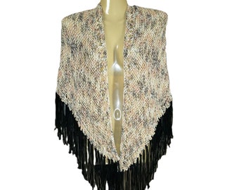 NEW Cream Multi Fleck Soft Hand Knitted Knit Triangle Shawl Scarf Wrap Boho Hippie Fringed Gift For Her Gifts Handmade Artisan Bohemian