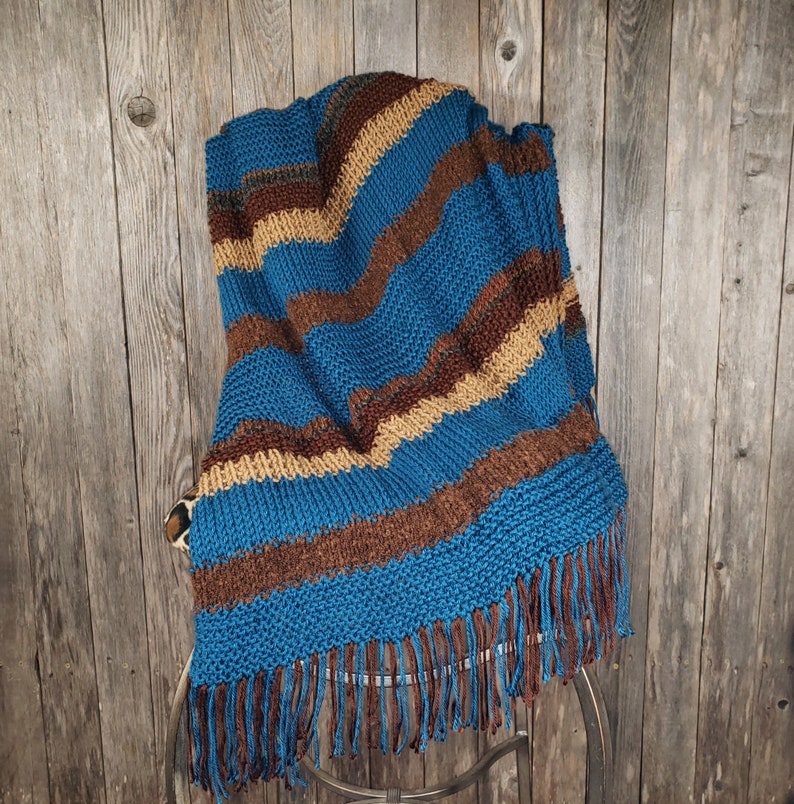 NEW Afghan Throw Blanket Hand Knitted Knit Teal Blue Brown Tan Soft Housewarming Gift Gifts Decor Decorative Home Accents Artisan Handmade image 5