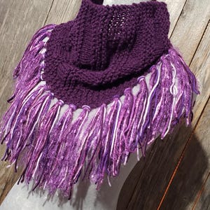NEW Women&#39;s Hand Knitted Cowl Infinity Scarf Boho Fringe Purple Multi Gift Gifts For Her Handmade Fashion Hippie Artisan Bohemian