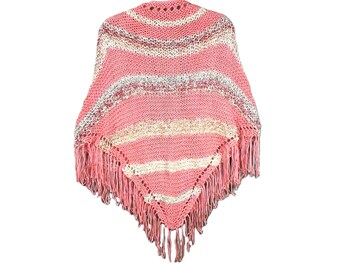 NEW Pink Multi Hand Knitted Shawl Wrap Handmade Scarf Boho Soft Knit Gift For Her Layering Gifts Bohemian Knit Artisan Hippie Fringe Cape