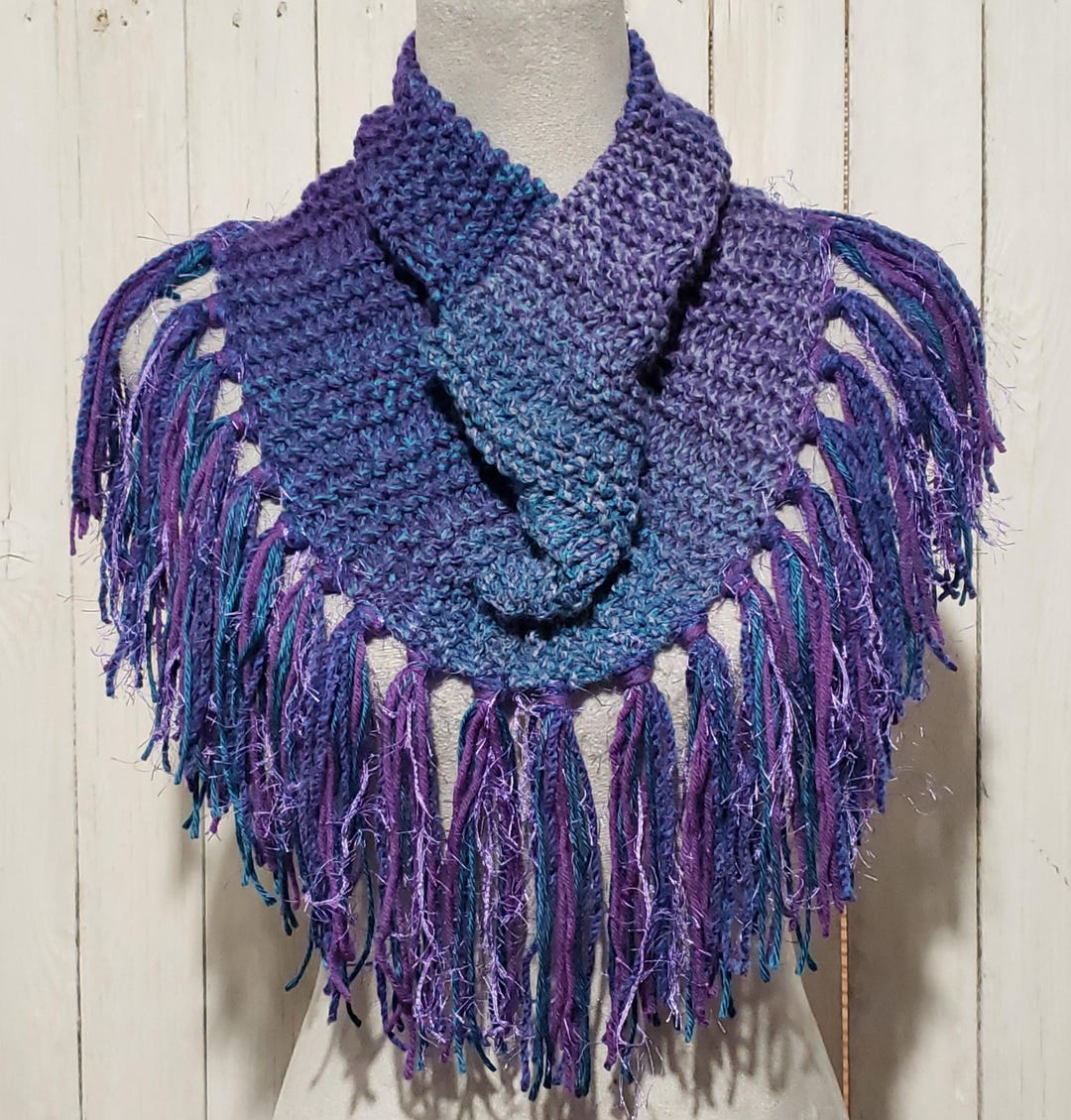 NEW Hand Knitted Cowl Infinity Scarf Boho Fringe Blue Purple Gift Artsy ...