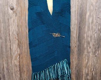 NEW Teal Blue Hand Knitted Knit Long Shawl Scarf Wrap Boho Hippie Fringed Gift For Her Gifts Fringe Cape Artsy Handmade Bohemian Cover Up
