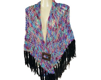 NEW Colorful Hand Knitted Loose Knit Shawl Wrap Scarf Boho Hippie Bohemian Triangle Gift Gifts For Her Handmade Fringe Multicolor Artisan