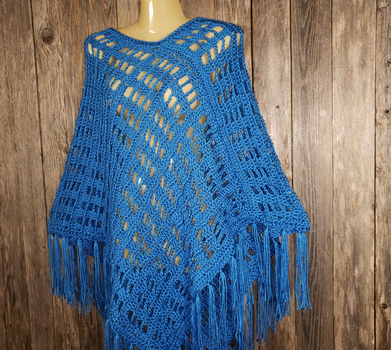 Cobalt Blue Hand Crochet Handmade New Poncho Sweater Womens Fringe Soft Boho Hippie New Gift for Her Gifts Layering Gifts Fashion New