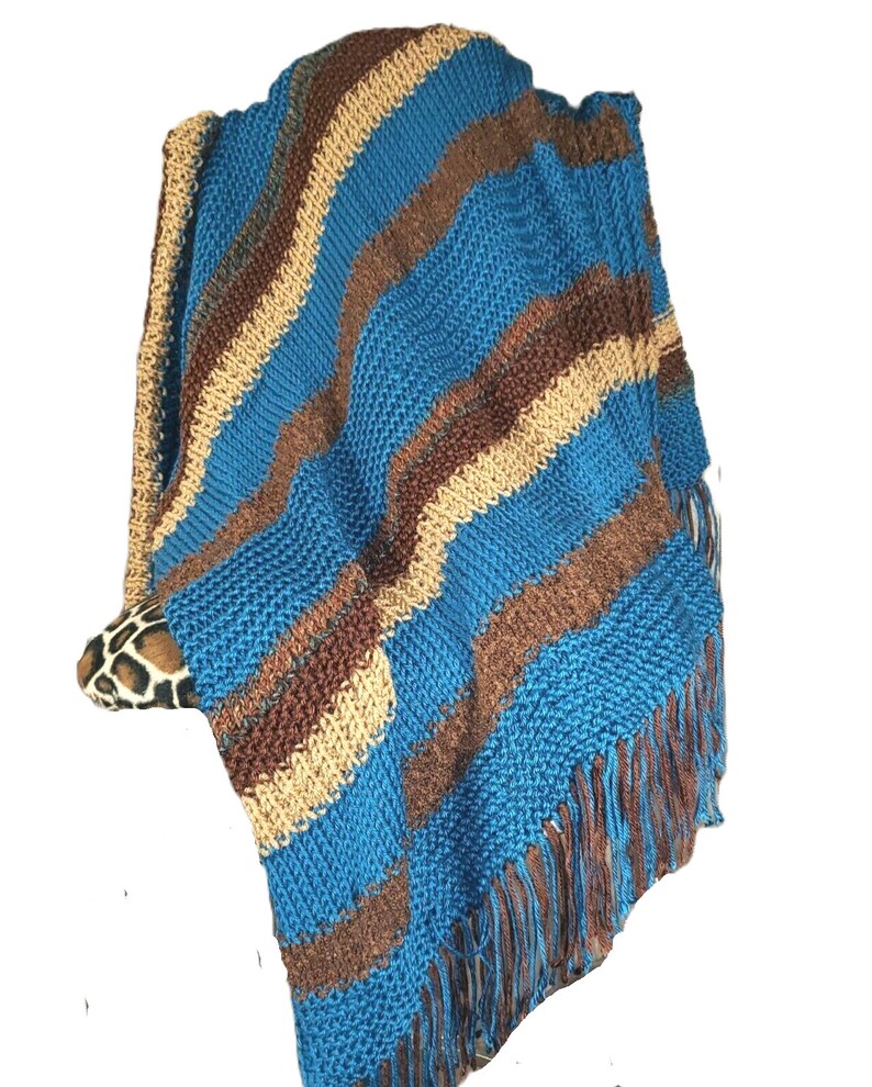 NEW Afghan Throw Blanket Hand Knitted Knit Teal Blue Brown Tan Soft Housewarming Gift Gifts Decor Decorative Home Accents Artisan Handmade image 2