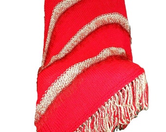 NEW Hand Knitted Red Beige Throw Blanket Afghan Knitted Handmade Soft Gift Housewarming Decor Knit Gifts Artisan Fringe Home Mix Stitch