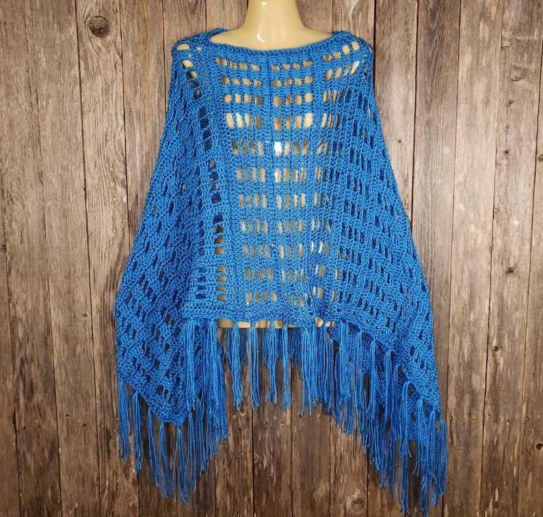 Cobalt Blue Hand Crochet Handmade New Poncho Sweater Womens Fringe Soft Boho Hippie New Gift for Her Gifts Layering Gifts Fashion New