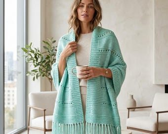 NEW Mint Green Hand Knit Shawl Wrap Scarf Boho Hippie Fairy Artsy Coquette Chic