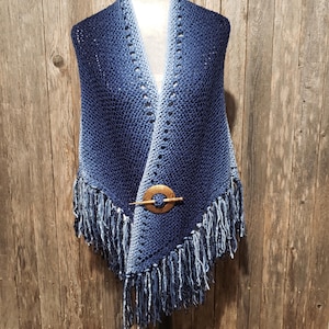NEW Blue Ombre Hand Knitted Knit Triangle Shawl Scarf Wrap Boho Hippie Fringed Gift For Her Gifts Bohemian Artisan Cover Up Fringe Coastal