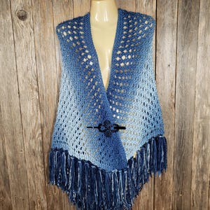 NEW Blue Ombre Hand Knitted Knit Triangle Shawl Scarf Boho Hippie Fringed Gift For Her Gifts Layering Fashion Artisan Eyelet Cape Handemade