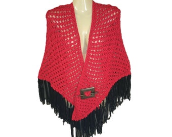 NEW Red Hand Knitted Knit Eyelet Triangle Shawl Scarf Wrap Boho Hippie Fringed Gift For Her Gifts Layering Bohemian Artisan Cape Handmade