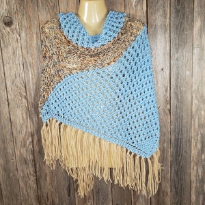 NEW Blue Beige Multi Hand Knitted Knit Eyelet Triangle Shawl Scarf Wrap Boho Hippie Fringed Gift For Her Gifts Layering Bohemian Artisan