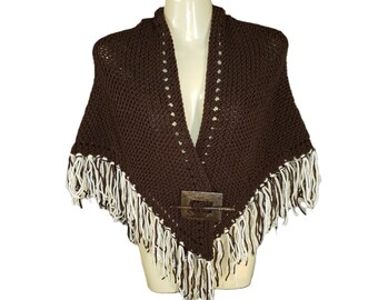 NEW Brown Hand Knitted Knit Triangle Shawl Scarf Wrap Boho Hippie Fringed Gift For Her Gifts Layering Bohemian Cape Artisan Fringe Handmade