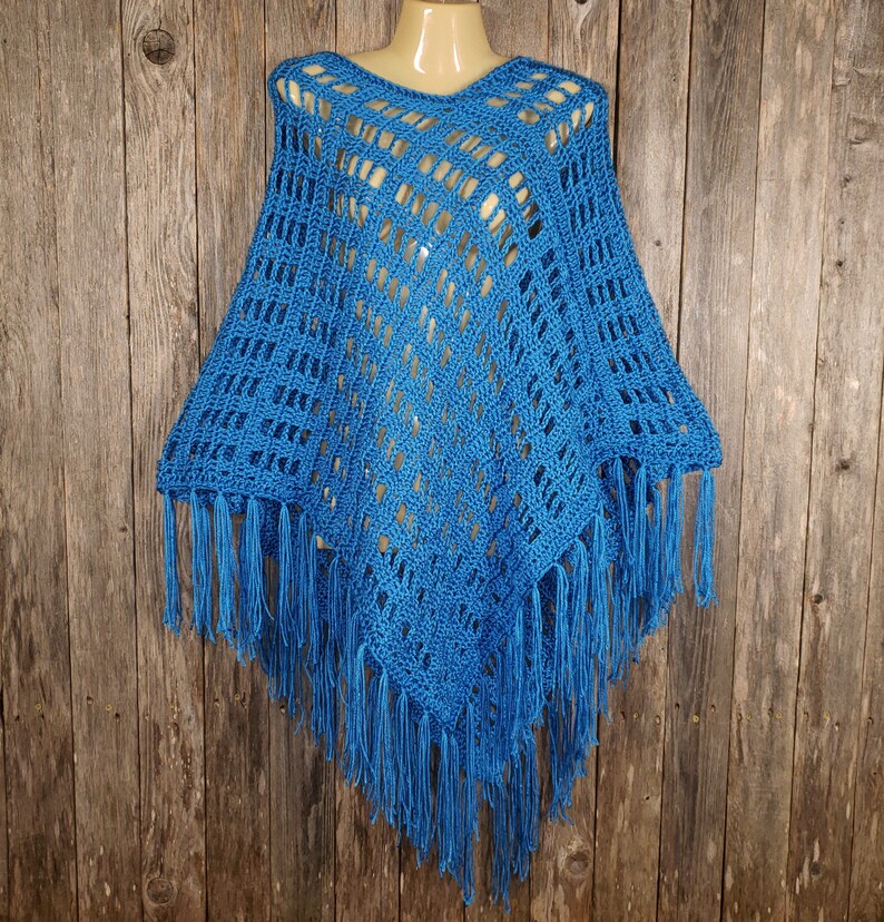 Cobalt Blue Hand Crochet Handmade New Poncho Sweater Womens Fringe Soft Boho Hippie New Gift for Her Gifts Layering Gifts Fashion New