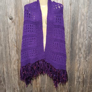 Hand Knitted Purple Eyelet Shawl Triangle Boho Fringed Scarf Wrap