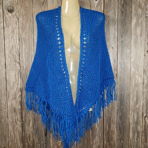 Blue Handmade Hand Knitted Knit Triangle Shawl Scarf Boho Hippie Fringed Soft Gift For Her Gifts Layering Fashion New Women&#39;s