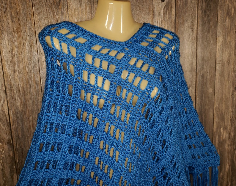 Cobalt Blue Hand Crochet Handmade New Poncho Sweater Womens Fringe Soft Boho Hippie New Gift for Her Gifts Layering Gifts Fashion New