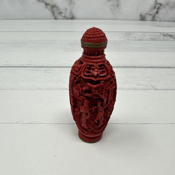 Red Cinnabar Resin Snuff Bottle Chinese Carved Village Scene