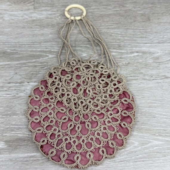 Antique Handmade Crochet Over Pink Satin Mini Coin Doily Purse