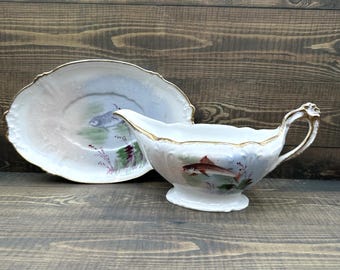 Limoges L Straus & Sons L S and S France Fish Gravy Boat and Under Plate