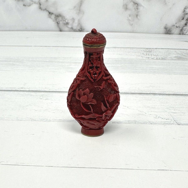 Red Cinnabar Snuff Bottle Chinese Carved Butterflies and Flowers