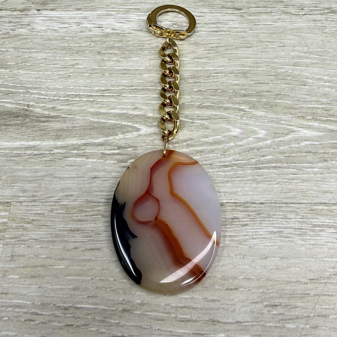 Vintage Smooth Polished Agate Stone Keychain Gold Tone Bag Charm - Etsy