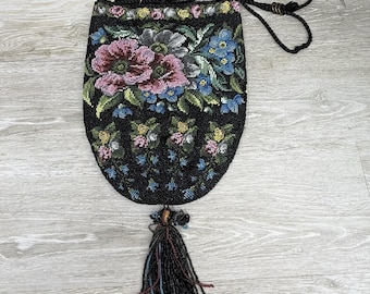Antique Micro Beaded Lined Drawstring Purse Pink and Blue Flowers With Tassel