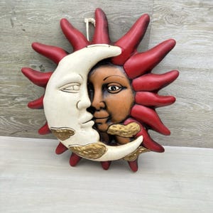 Mexican Folk Art Hand Made Sun Moon Face Wall Hanging Hecho A Mano Mexico Signed