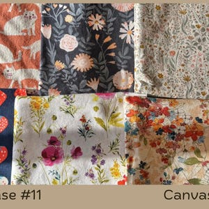 Puede incluir: Una colecci&oacute;n de muestras de tela con varios patrones. Los dise&ntilde;os incluyen gatos naranjas, arreglos florales, fresas y flores silvestres. El texto "Showcase #11" y "Canvas" son visibles.