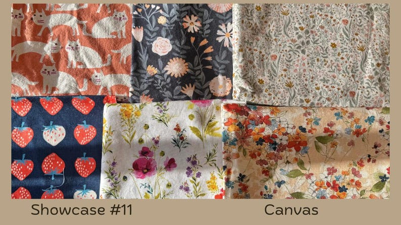 Puede incluir: Una colecci&oacute;n de muestras de tela con varios patrones. Los dise&ntilde;os incluyen gatos naranjas, arreglos florales, fresas y flores silvestres. El texto "Showcase #11" y "Canvas" son visibles.