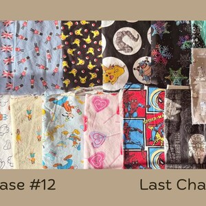 Puede incluir: Una colecci&oacute;n de muestras de tela estampada. Los dise&ntilde;os incluyen personajes de dibujos animados, corazones, banderas del Reino Unido y formas geom&eacute;tricas. El texto "Showcase #12" y "Last Chance" es visible.