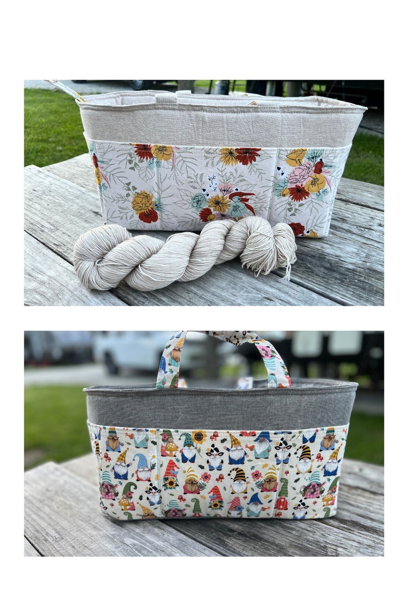 Puede incluir: Dos cestas de almacenamiento de tela con asas. La cesta superior tiene un estampado floral con una parte superior de lino neutro y un ovillo de hilo blanquecino. La cesta inferior tiene un estampado de gnomos con una parte superior gris y asas.