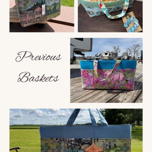 Puede incluir: Una colecci&oacute;n de bolsas de tela y cestas. Las bolsas presentan varios dise&ntilde;os, incluyendo estampados florales y escenas de paisajes. Las bolsas tienen asas y ribetes azules. El texto "Previous Baskets" est&aacute; en la imagen.