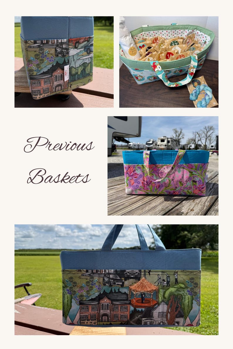 Puede incluir: Una colecci&oacute;n de bolsas de tela y cestas. Las bolsas presentan varios dise&ntilde;os, incluyendo estampados florales y escenas de paisajes. Las bolsas tienen asas y ribetes azules. El texto "Previous Baskets" est&aacute; en la imagen.