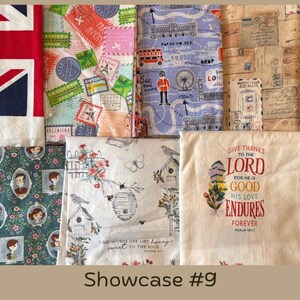 Puede incluir: Una colecci&oacute;n de telas estampadas, que incluyen un dise&ntilde;o de la bandera brit&aacute;nica, sellos postales, escenas de Londres y guiones antiguos. Otras telas presentan retratos, p&aacute;jaros y motivos florales. El texto "GIVE THANKS TO THE LORD" es visible en una tela. "Showcase #9" tambi&eacute;n es visible.