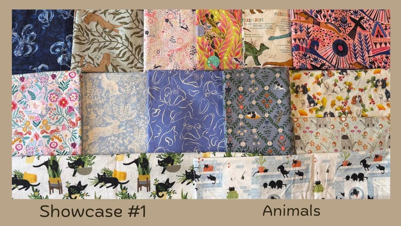 Puede incluir: Una colecci&oacute;n de muestras de tela con varios dise&ntilde;os tem&aacute;ticos de animales. Los dise&ntilde;os incluyen gatos, perros, conejos y dinosaurios, en colores como azul, rosa y verde. El texto "Showcase #1" y "Animals" es visible.