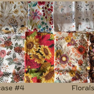 Puede incluir: Una colecci&oacute;n de muestras de tela floral en varios colores y patrones. Las muestras incluyen dise&ntilde;os con girasoles, rosas y otras flores. El texto "Showcase #4" y "Florals" es visible en la parte inferior de la imagen.