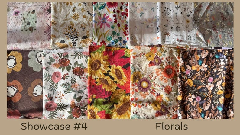 Puede incluir: Una colecci&oacute;n de muestras de tela floral en varios colores y patrones. Las muestras incluyen dise&ntilde;os con girasoles, rosas y otras flores. El texto "Showcase #4" y "Florals" es visible en la parte inferior de la imagen.