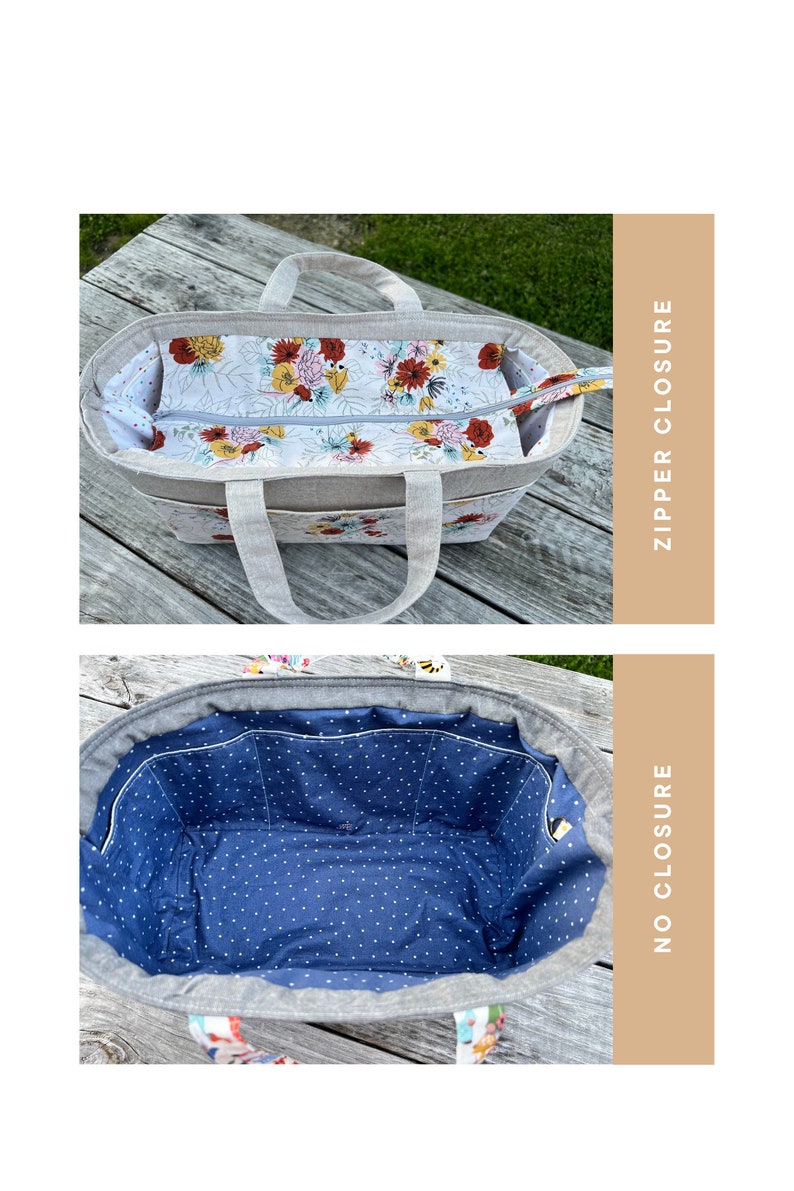 Puede incluir: Un bolso tote gris con forro interior floral y cierre de cremallera. El bolso tiene un interior azul con lunares con m&uacute;ltiples bolsillos y sin cierre. El bolso tiene dos asas.