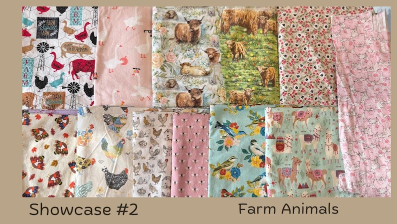 Puede incluir: Una colecci&oacute;n de muestras de tela con varios dise&ntilde;os de animales de granja. Los dise&ntilde;os incluyen pollos, vacas, gansos y llamas, sobre fondos blancos, rosas y azules. El texto "Showcase #2" y "Farm Animals" es visible.