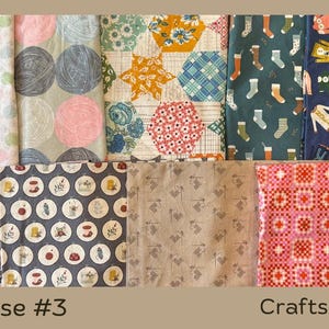 Puede incluir: Una colecci&oacute;n de muestras de tela con varios patrones. Los dise&ntilde;os incluyen lunares, bolas de hilo, formas geom&eacute;tricas, calcetines, su&eacute;teres y m&aacute;quinas de coser. El texto "Showcase #3" y "Crafts" es visible en la parte inferior de la imagen.